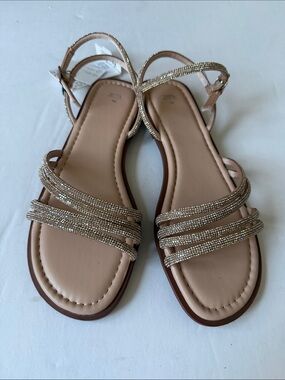 NEW!!! Girl Zara Beige and Gold Rhinestone Strap Flat Sandals
